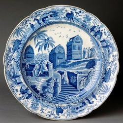 blue printed village plate
