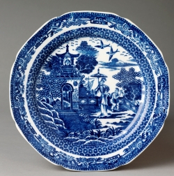blue printed landscape plate